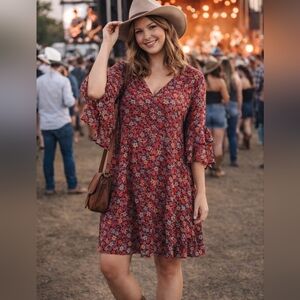 ❤️ Calvin Klein Red Floral V-Neck Flutter Sleeve Dress – Size 6